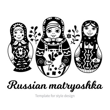 Set of Russian traditional nested dolls (matryoshka). Black and White Illustration. Template for style design.  
