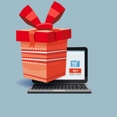 Laptop, noteebok with red gift box. Online shopping concept. Sale, e-commerce, retailing, discount theme. Creative flyer, poster template. Baner, poster, vector