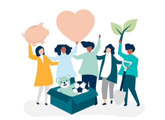 People volunteering and donating money and items  to a charitable cause