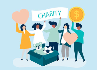 People volunteering and donating money and items  to a charitable cause