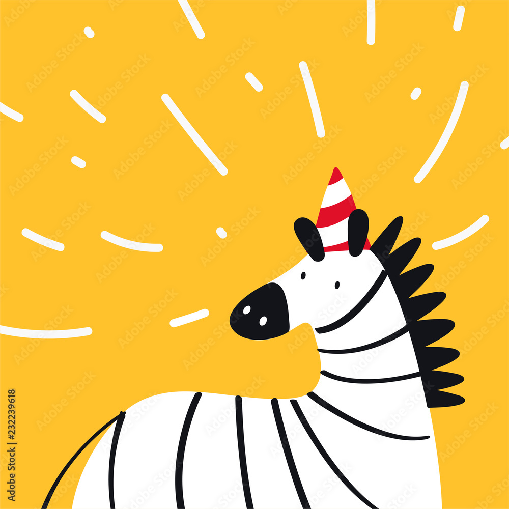 Poster cute zebra wearing a party hat in a cartoon style vector