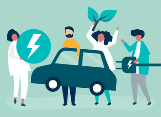 Group of people with an electric car