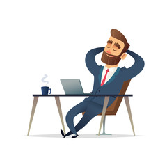 Businessman on his desk relaxing. Manager sit relax and think on his workplace. Cartoon vector illustration.