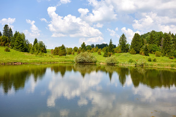 Warm beautiful summer landscape with lake and grass. A pond on a background of greenery and blue sky