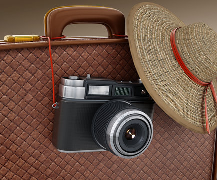 Vintage camera and women's hat hanging on suitcase. 3D illustration