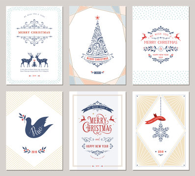 Elegant vertical winter holidays greeting cards with New Year tree, dove, reindeers, snowflake, Christmas ornaments and ornate typographic design. 