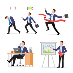 Set businessman with briefcase in different situations, vigorous and tired, crossing finish red line, busy with phone and laptop at work, presenting project results, vector illustration