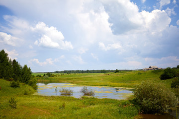 Warm beautiful summer landscape with lake and grass. A pond on a background of greenery and blue sky