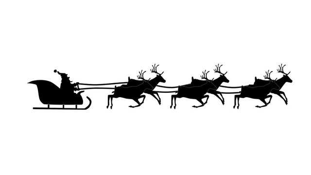 Silhouette Christmas Santa Claus flying in his sleigh with Christmas gifts pulled by his reindeer. Animation Video, Looping.