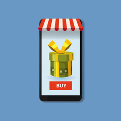 Mobile Online Store concept. Smartphone, Holiday green gift box. Vector illustration business design. Electronic online shop market. Digital marketing. Poster, baner, template