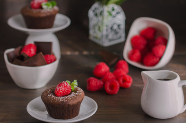 Chocolate fondant with raspberry, mint  and powdered sugar. Molten chocolate cake background.