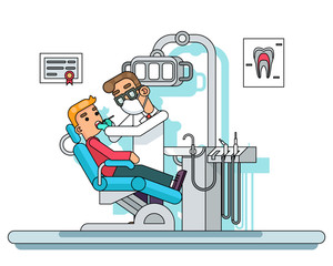 Dental treatment doctor dentist chair hospital patient cabinet medical services lineart flat design vector illustration