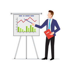 Serious businessman in suit presenting project result with flipchart, poster with analysis and statistics, vector illustration in flat style