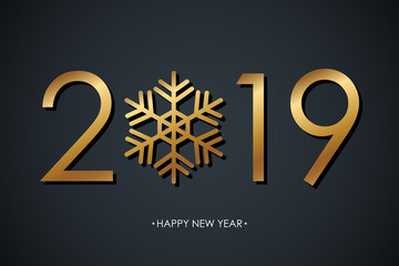 Happy New Year 2019 golden colored celebrate banner with snowflake and black background. Vector illustration.