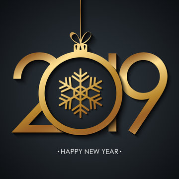2019 Happy New Year greeting card with golden christmas ball and snowflake on black background. Vector illustration.