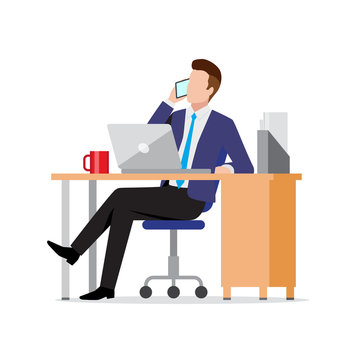 Busy businessman using phone and laptop in office at workplace, consulting client by smartphone, making call, vector illustration in flat style
