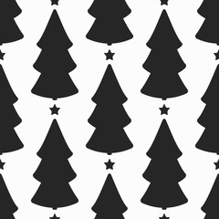 Repeated silhouettes of Christmas trees with stars. New year seamless pattern. Simple endless print.