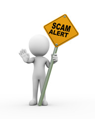 3d man holding scam alert road sign board