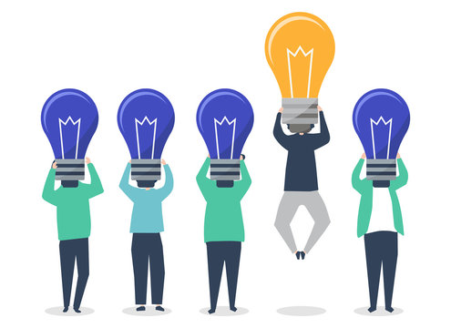 Person with a light bulb head standing out illustration