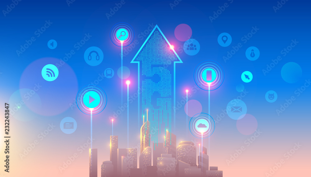 Poster 5g lte network logo over the smart city with icons of town infrastructure. devices connection via hi