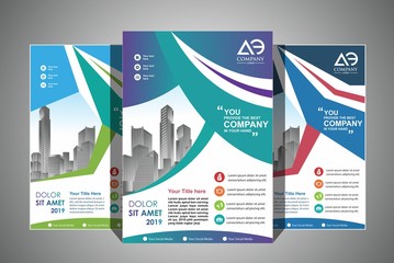 Business vector set. Brochure template layout, cover design annual report, flyer in A4 with colourful geometric shapes for PR, business, tech on bright background. Abstract creative design.