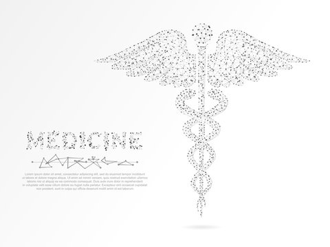 Caduceus health symbol. Low poly wireframe illustration. Vector polygonal image, consisting of points, lines, and shapes in the form of stars, triangles with destructing shapes on white background
