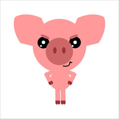 Symbol of the New Year 2019. Angry piggy. Cute cartoon character. White background. Flat design. Vector illustration.