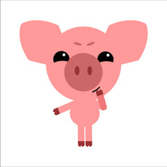 Symbol of the New Year 2019. Piggy thinks. Cute cartoon character. White background. Flat design. Vector illustration.
