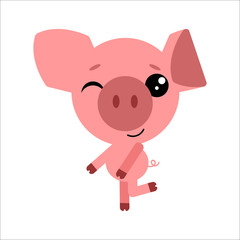 Symbol of the New Year 2019. Piggy winks. Cute cartoon character. White background. Flat design. Vector illustration.