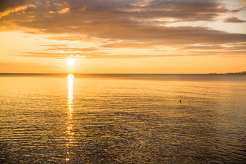 Golden sunset at the seaside.Golden hour, sunbeam on the water surface.