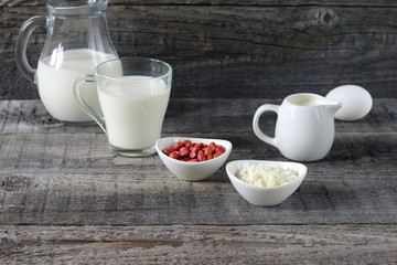 Breakfast on the table. Composition of dairy products on a wooden background.