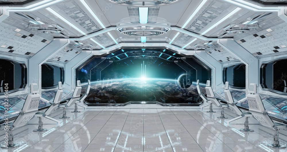 Poster white clean spaceship interior with view on planet earth 3d rendering