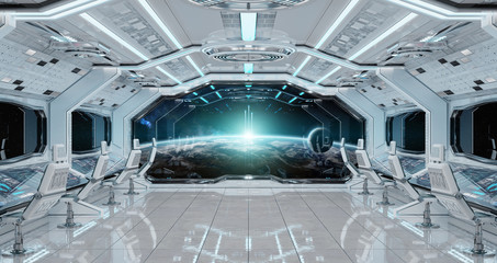 White clean spaceship interior with view on planet Earth 3D rendering © sdecoret