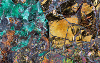 pyrite in malachite extreme closeup