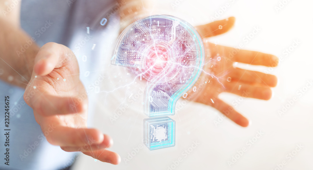 Poster businessman solving problem with digital question marks 3d rendering