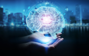 Businesswoman creating artificial intelligence in a digital brain 3D rendering