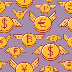 Currency coins with wings, seamless vector pattern of different currencies