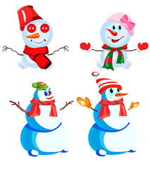 Set of four snowmen in various headdresses and in different scarves