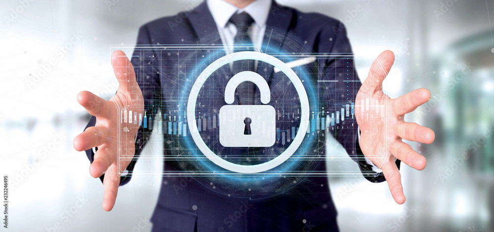 Poster man holding a padlock web security concept 3d rendering