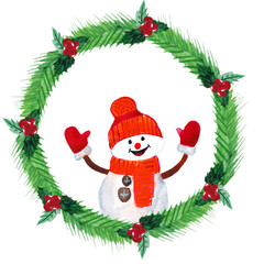 Watercolor.Christmas wreath with fir branches, red berries and snowman