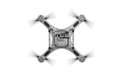 The image of a white metal quadcopter (air drone). Drone flying with action camera. Wire-frame style. 3D illustration. Isolated on white background.