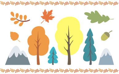 Autumn trees and leaves set. Vector illustrations isolated on a white background.