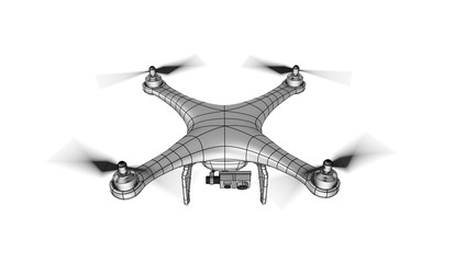 The image of a white metal quadcopter (air drone). Drone flying with action camera. Wire-frame style. 3D illustration. Isolated on white background.