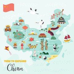 Chinese cartoon map with destinations, symbols