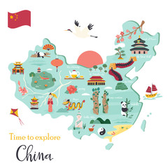 Chinese cartoon map with destinations, symbols