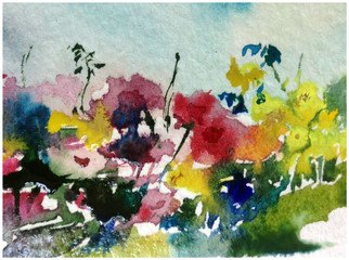 Abstract bright colored decorative background . Floral pattern handmade . Beautiful tender romantic meadow with wild flowers in summer , made in the technique of watercolors from nature.