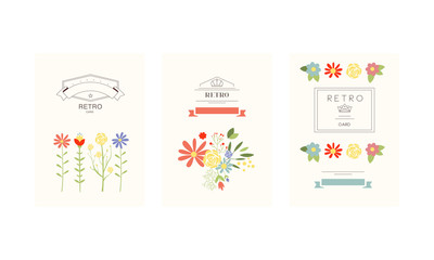 Retro cards with flowers set, design element for greeting card, romantic wedding invitation, magazine, book or poster vector Illustration on a white background