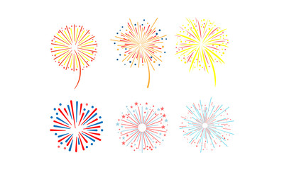 Brightly colorful fireworks set, design element can be used for holidays, celebration party, anniversary or festival vector Illustration on a white background