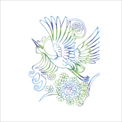 Color illustration of a flying stork. Stork, flowers and patterns.