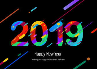 2019 Happy new year design card with abstract lines. Vector illustration. Colorful greeting card